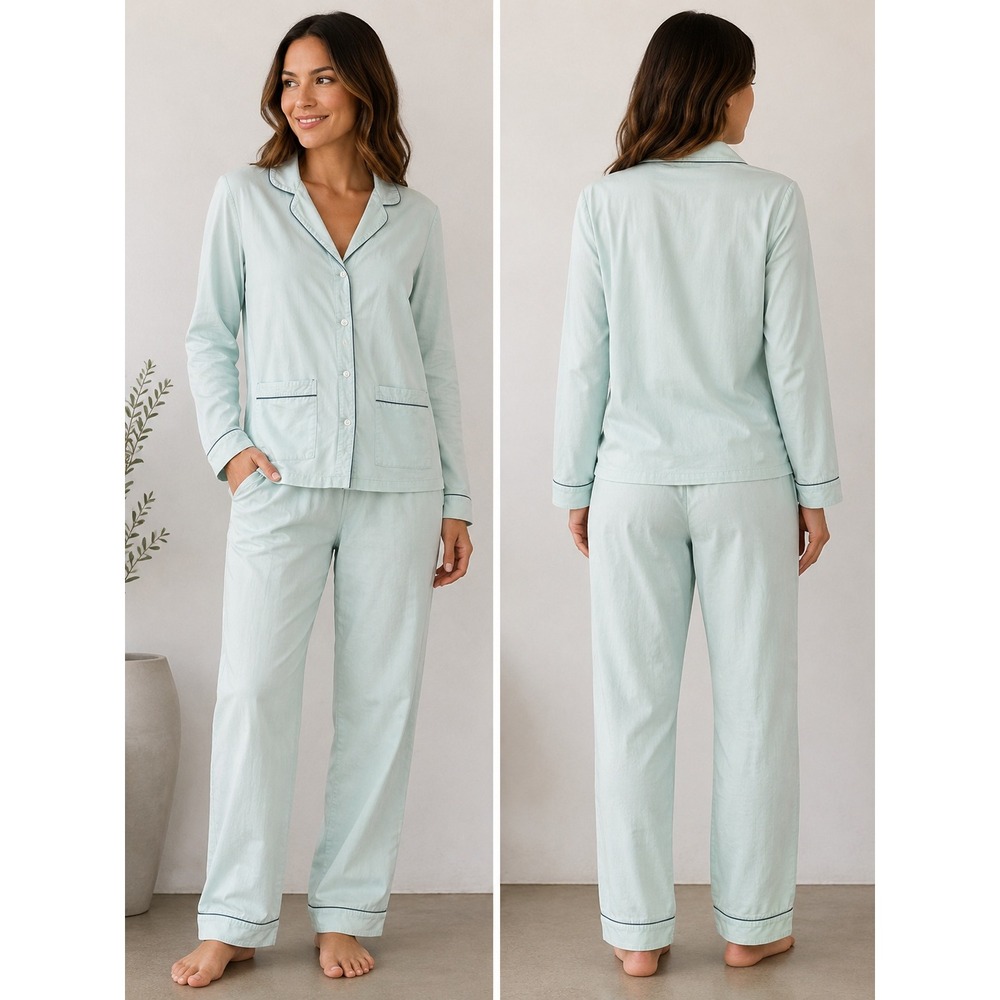LAKE Pajamas Women's Medium Mint Green Button Front Long Sleeve Pant Set Piped